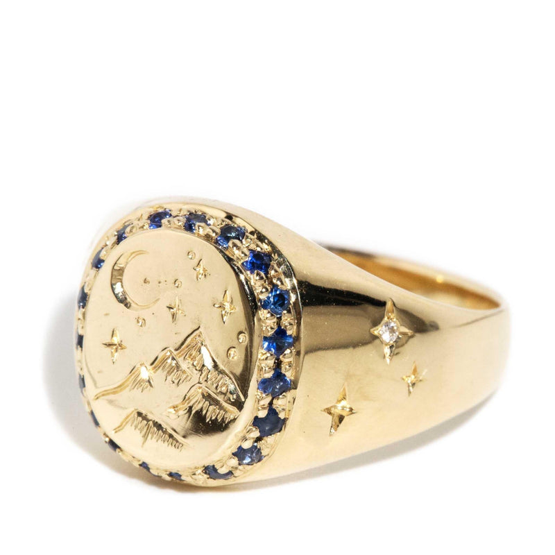 Cassius 1980s Sapphire & Diamond Signet Ring 9ct Gold