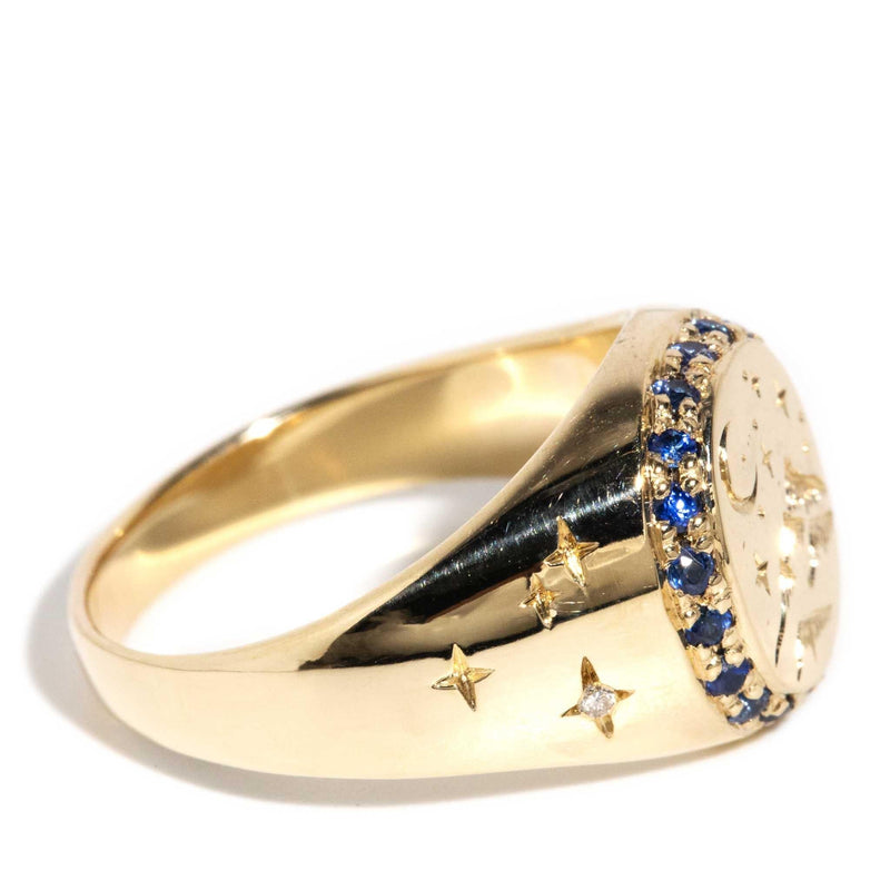 Cassius 1980s Sapphire & Diamond Signet Ring 9ct Gold