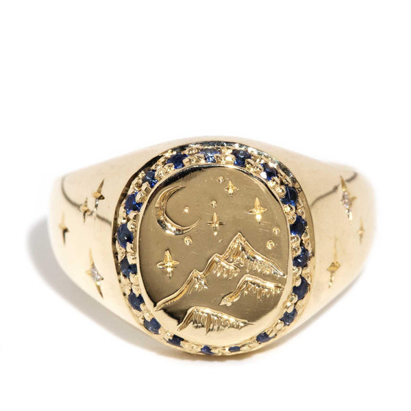Cassius 1980s Sapphire & Diamond Signet Ring 9ct Gold