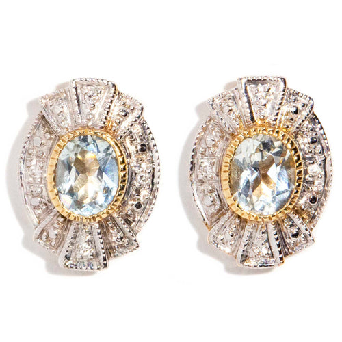 Celeste Aquamarine & Pave Diamond Studs 9K Two Tone Gold