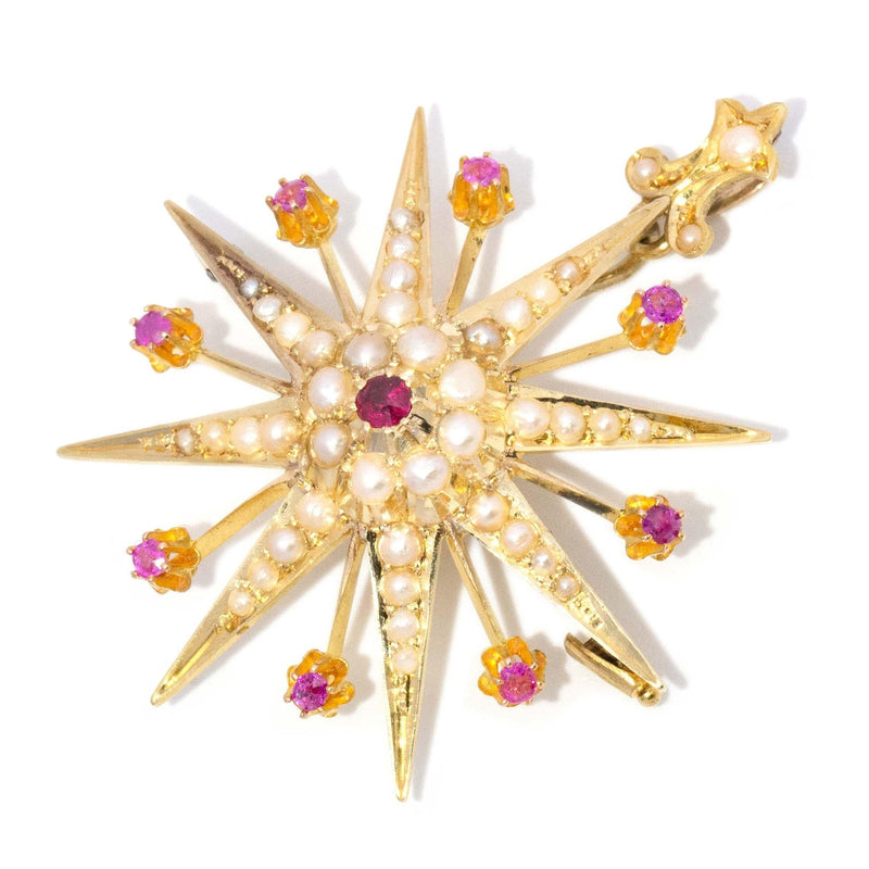 Edwardian Ruby & Seed Pearl Star Sapphire Brooch 15 Carat Gold