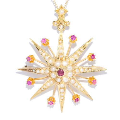 Celestia Edwardian Ruby Pearl Sapphire Brooch 15K Yellow Gold