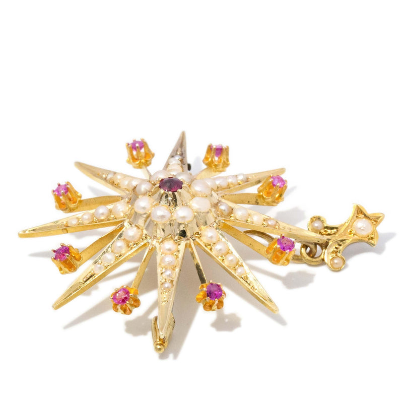 Edwardian Ruby & Seed Pearl Star Sapphire Brooch 15 Carat Gold