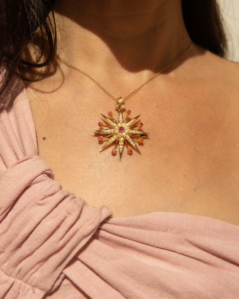 Edwardian Ruby & Seed Pearl Star Sapphire Brooch 15 Carat Gold