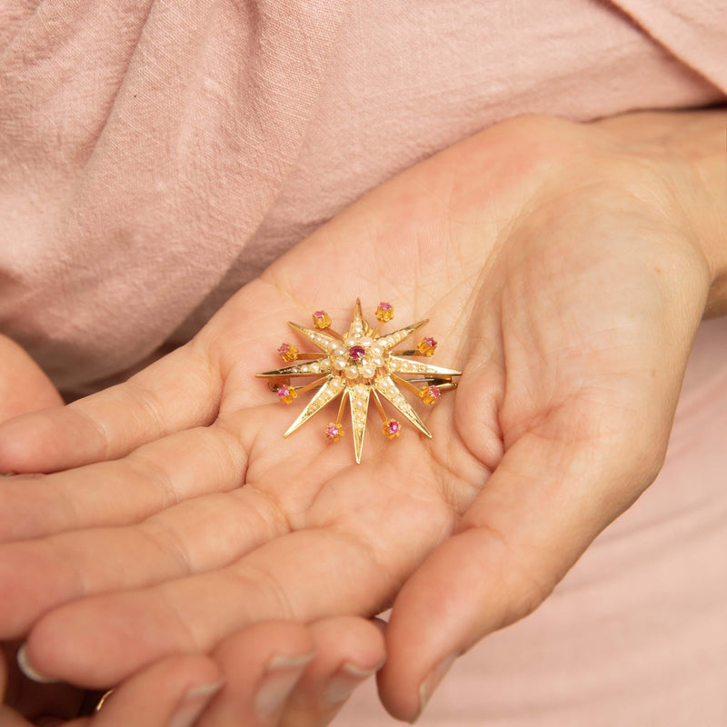 Edwardian Ruby & Seed Pearl Star Sapphire Brooch 15 Carat Gold