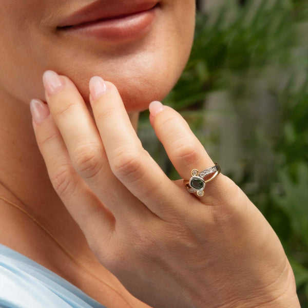 Chelsea Green Sapphire & Diamond Crossover Ring 18ct Gold Rings Imperial Jewellery 