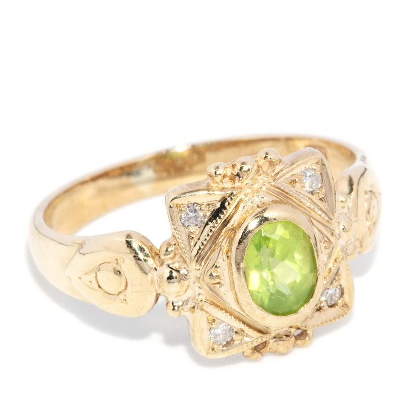 Vintage Circa 1980s Peridot & Diamond Art Deco Style Ring 9ct Gold