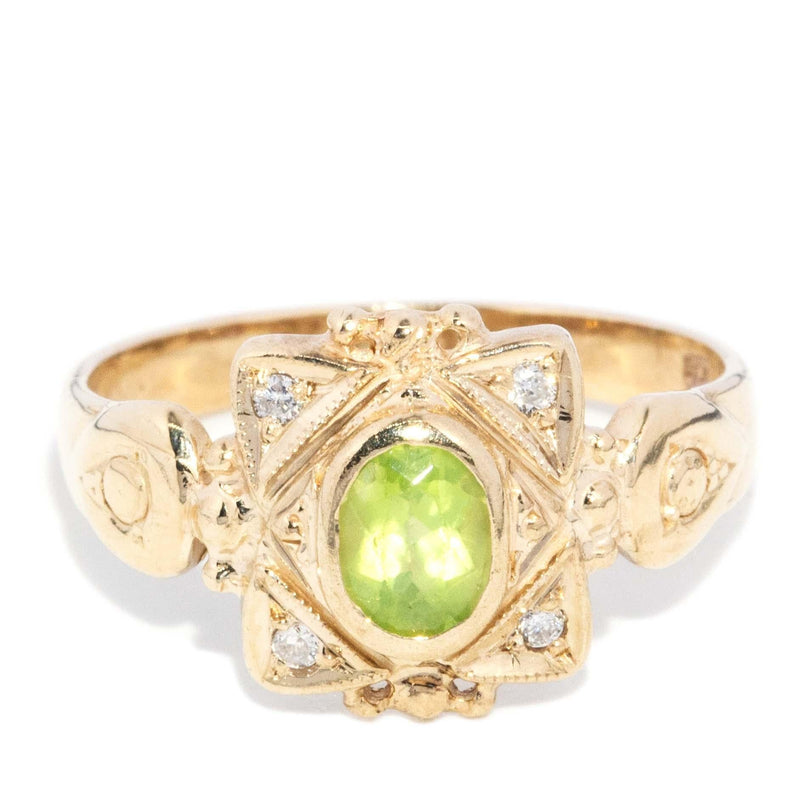 Vintage Circa 1980s Peridot & Diamond Art Deco Style Ring 9ct Gold