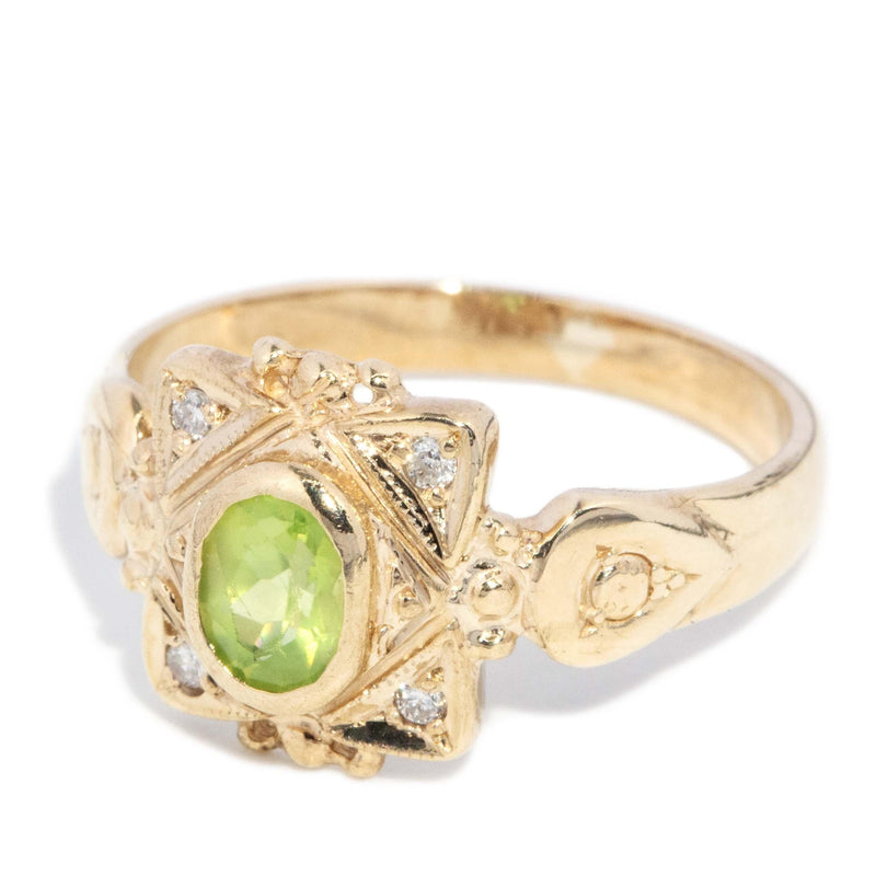 Vintage Circa 1980s Peridot & Diamond Art Deco Style Ring 9ct Gold