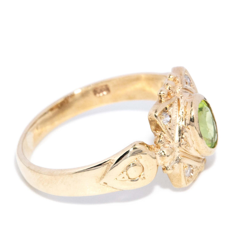 Vintage Circa 1980s Peridot & Diamond Art Deco Style Ring 9ct Gold