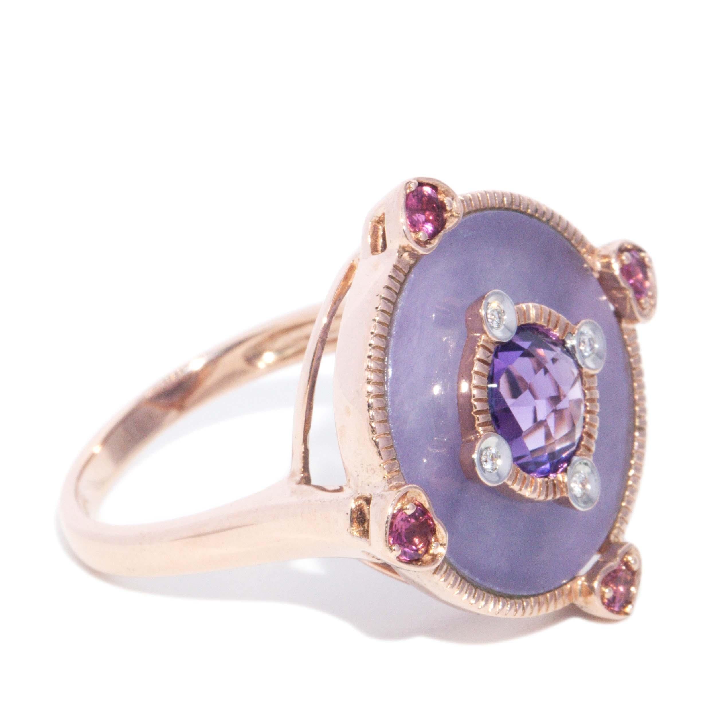 Contemporary Jade Amethyst Tourmaline & Diamond Ring 9 Carat Rose Gold