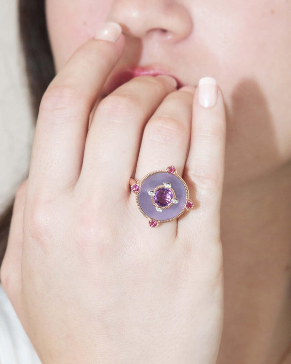 Contemporary Jade Amethyst Tourmaline & Diamond Ring 9 Carat Rose Gold
