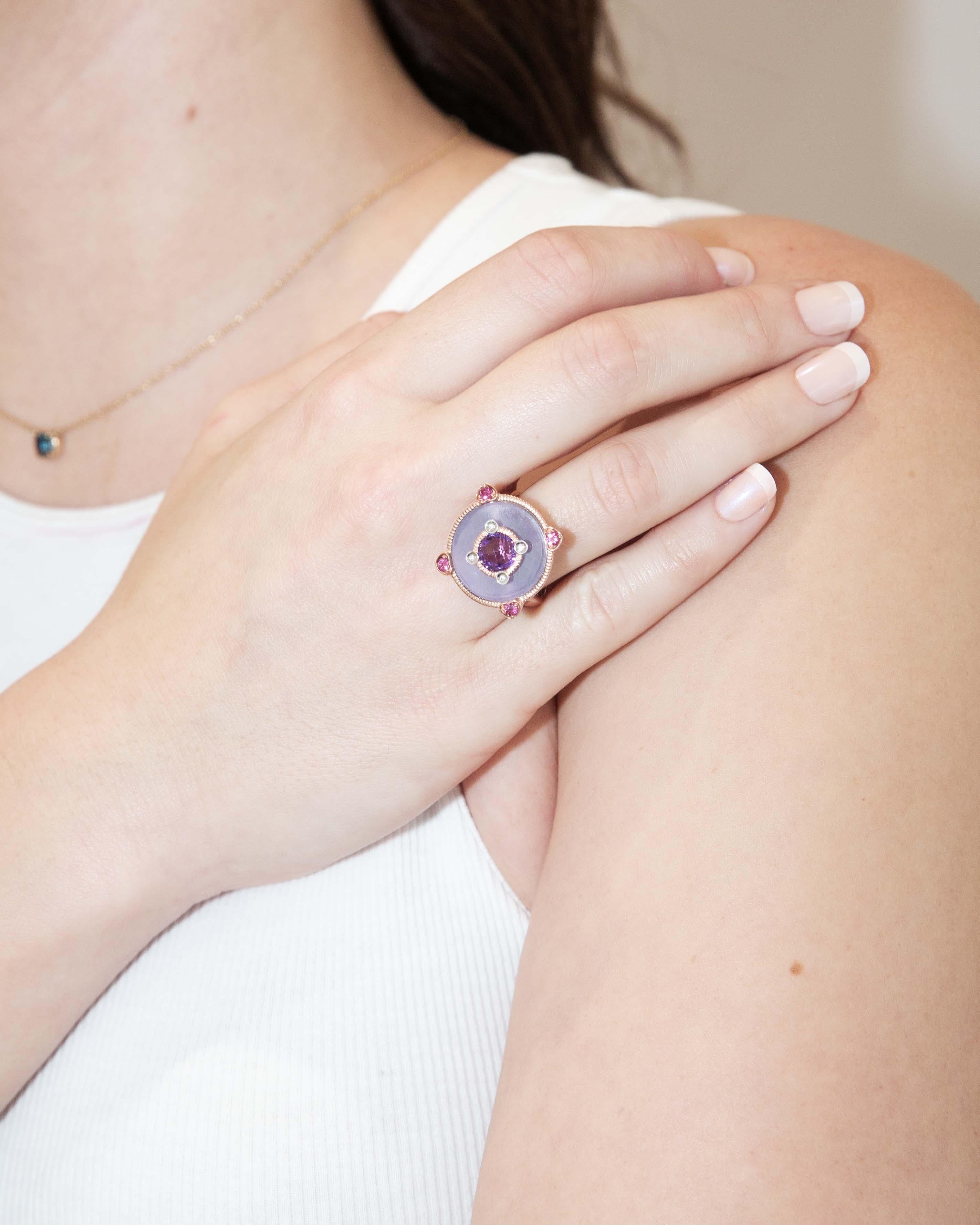 Contemporary Jade Amethyst Tourmaline & Diamond Ring 9 Carat Rose Gold