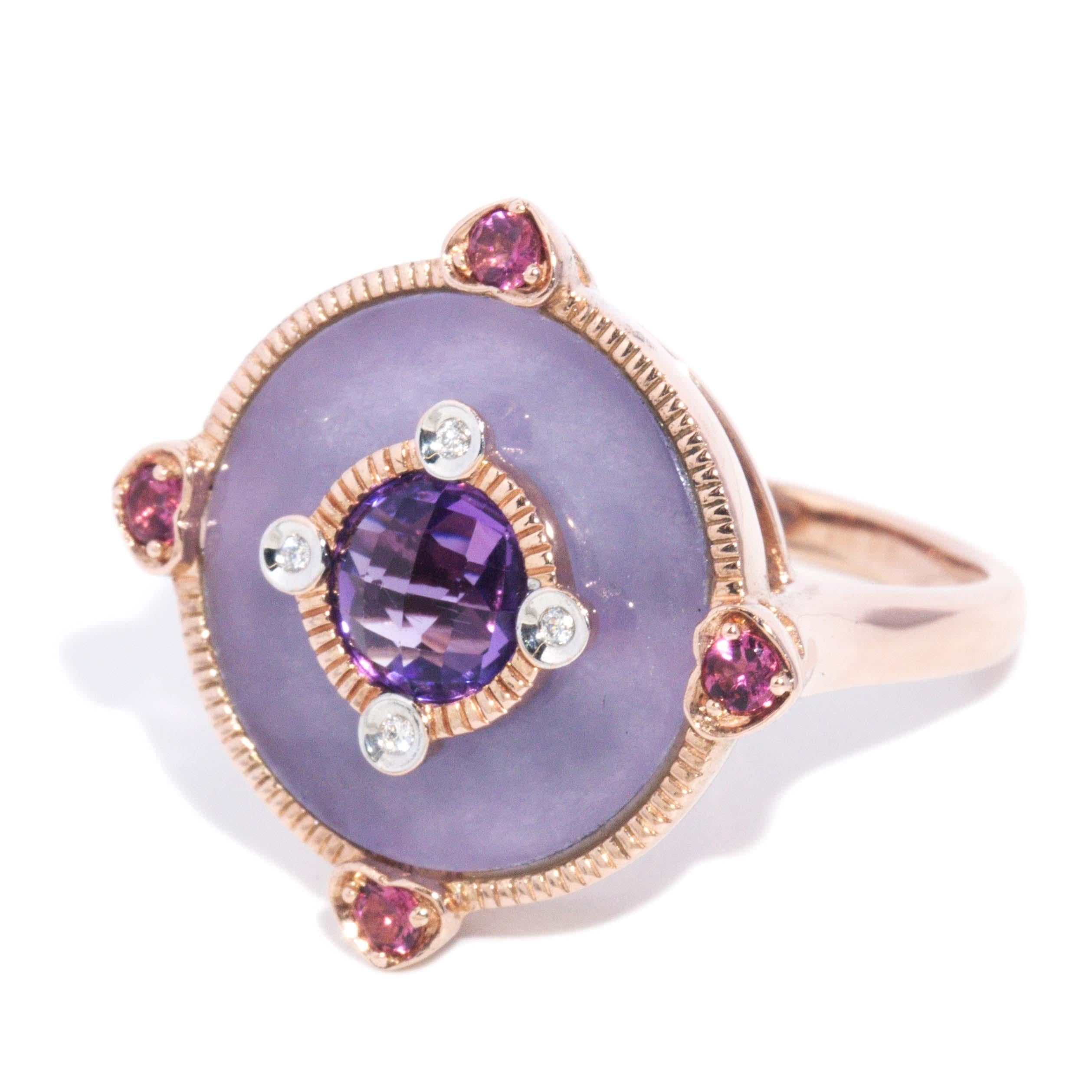 Contemporary Jade Amethyst Tourmaline & Diamond Ring 9 Carat Rose Gold