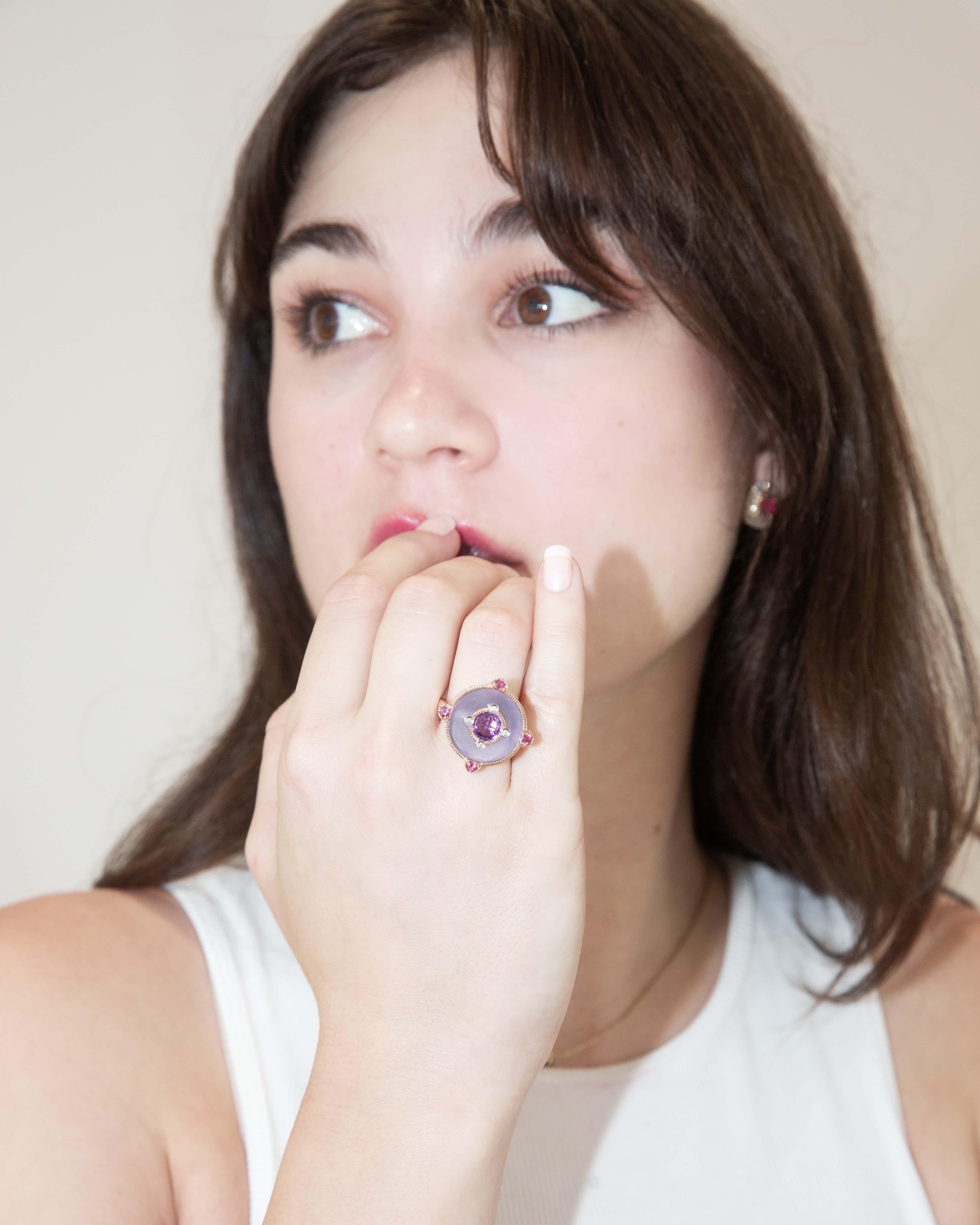 Contemporary Jade Amethyst Tourmaline & Diamond Ring 9 Carat Rose Gold