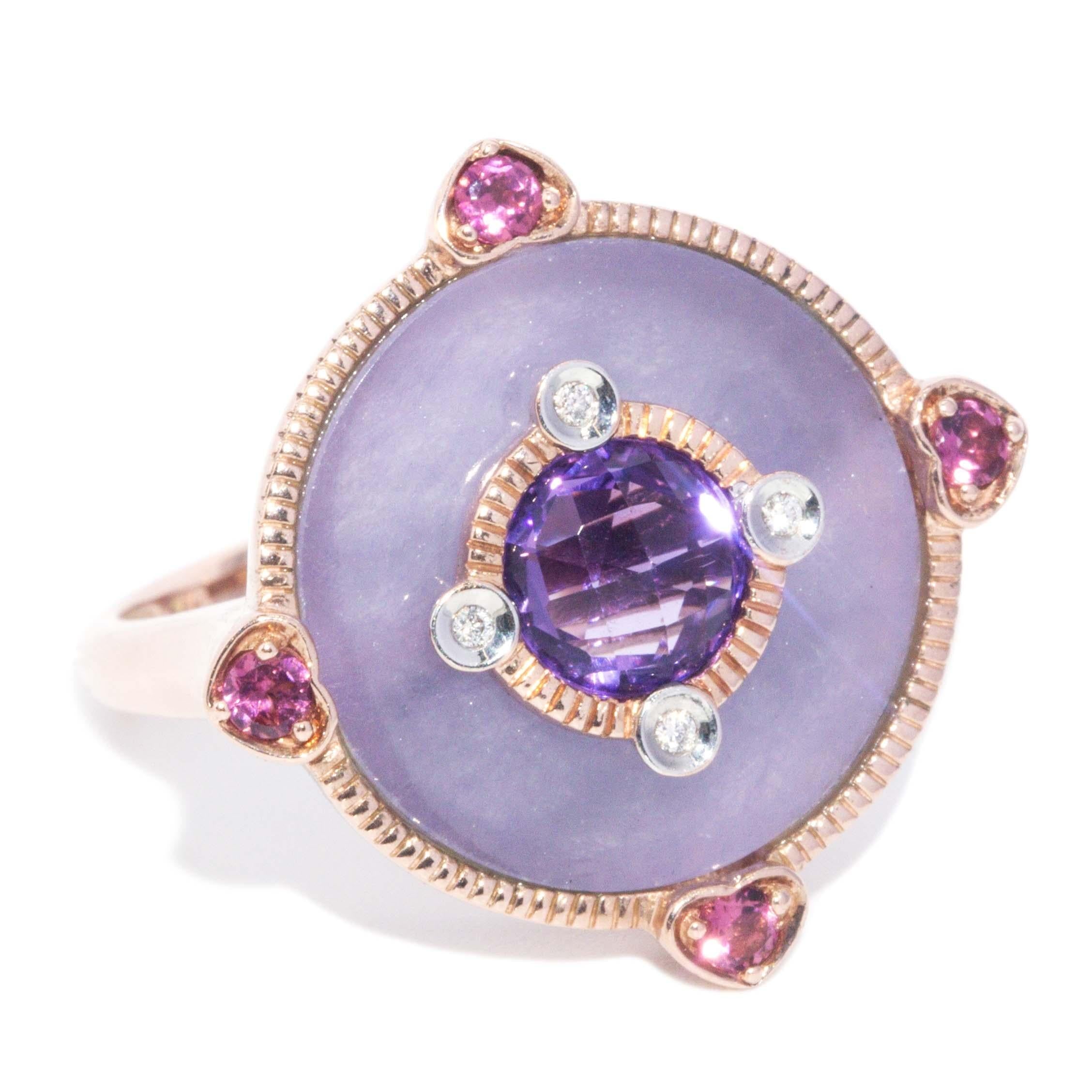 Contemporary Jade Amethyst Tourmaline & Diamond Ring 9 Carat Rose Gold