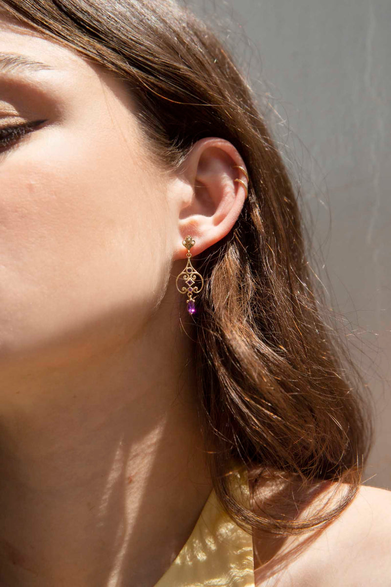 Clementine Amethyst & Seed Pearl 9ct Gold Drop Earrings* DRAFT Earrings Imperial Jewellery 