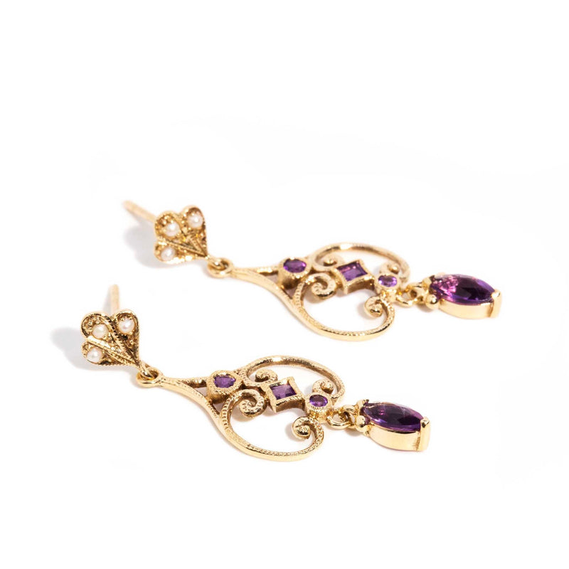Clementine Amethyst & Seed Pearl 9ct Gold Drop Earrings* DRAFT Earrings Imperial Jewellery 