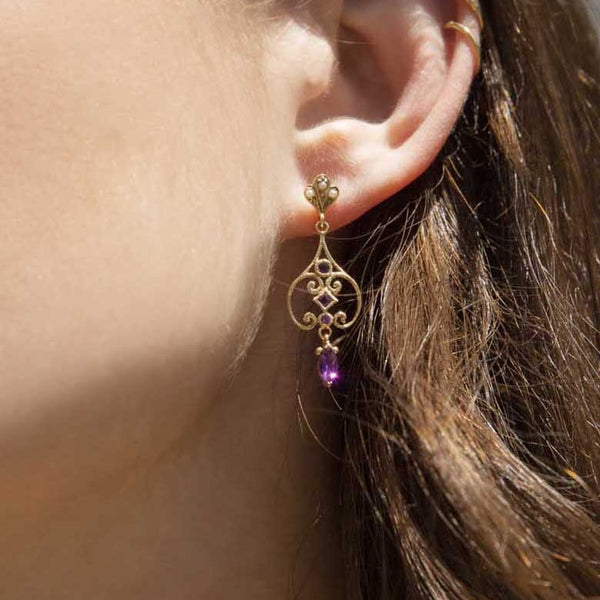 Clementine Amethyst & Seed Pearl 9ct Gold Drop Earrings* DRAFT Earrings Imperial Jewellery 