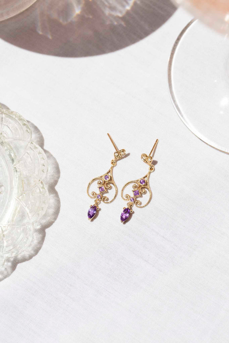 Clementine Amethyst & Seed Pearl 9ct Gold Drop Earrings Earrings Imperial Jewellery 