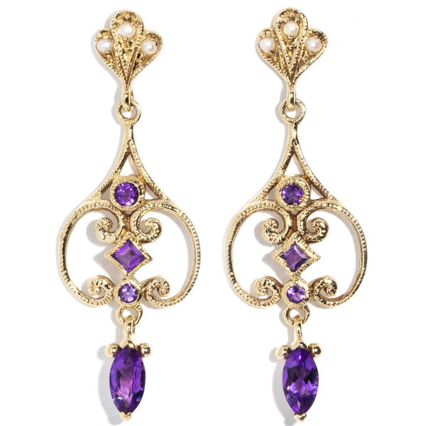 Clementine Amethyst & Seed Pearl 9ct Gold Drop Earrings Earrings Imperial Jewellery Imperial Jewellery - Hamilton 