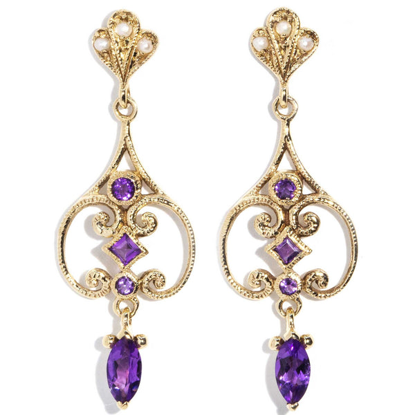 Clementine Amethyst & Seed Pearl 9ct Gold Drop Earrings Earrings Imperial Jewellery Imperial Jewellery - Hamilton 