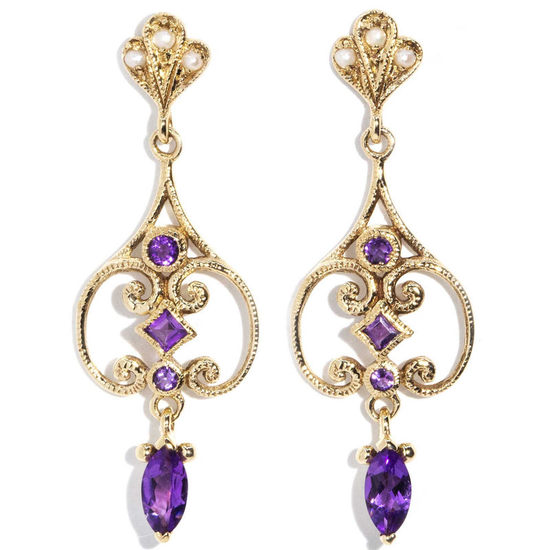 Clementine Amethyst & Seed Pearl 9ct Gold Drop Earrings Earrings Imperial Jewellery Imperial Jewellery - Hamilton 