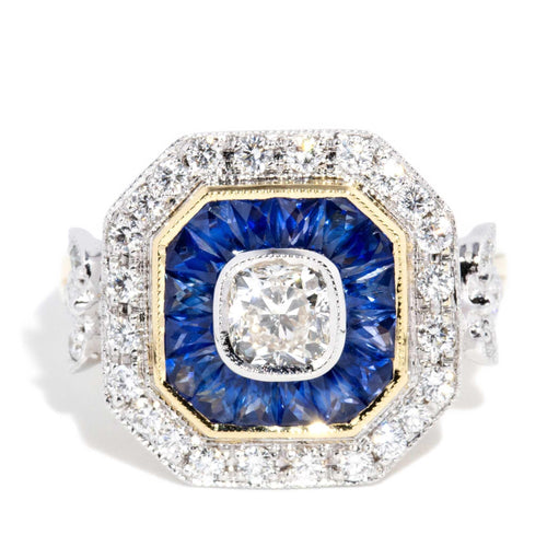 Sicily Diamond & Sapphire Art Deco Ring 18K Two Tone Gold