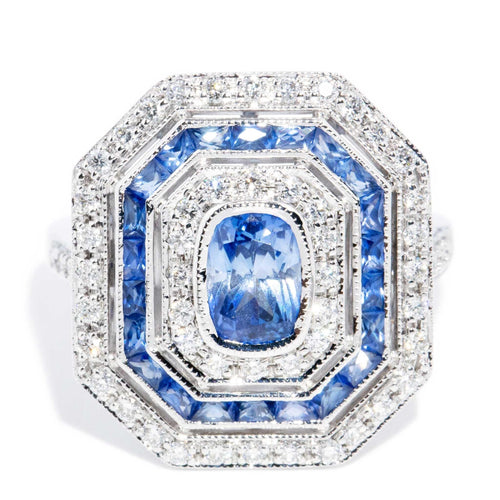 Rosalyn Sapphire Diamond Art Deco Ring 18K White Gold