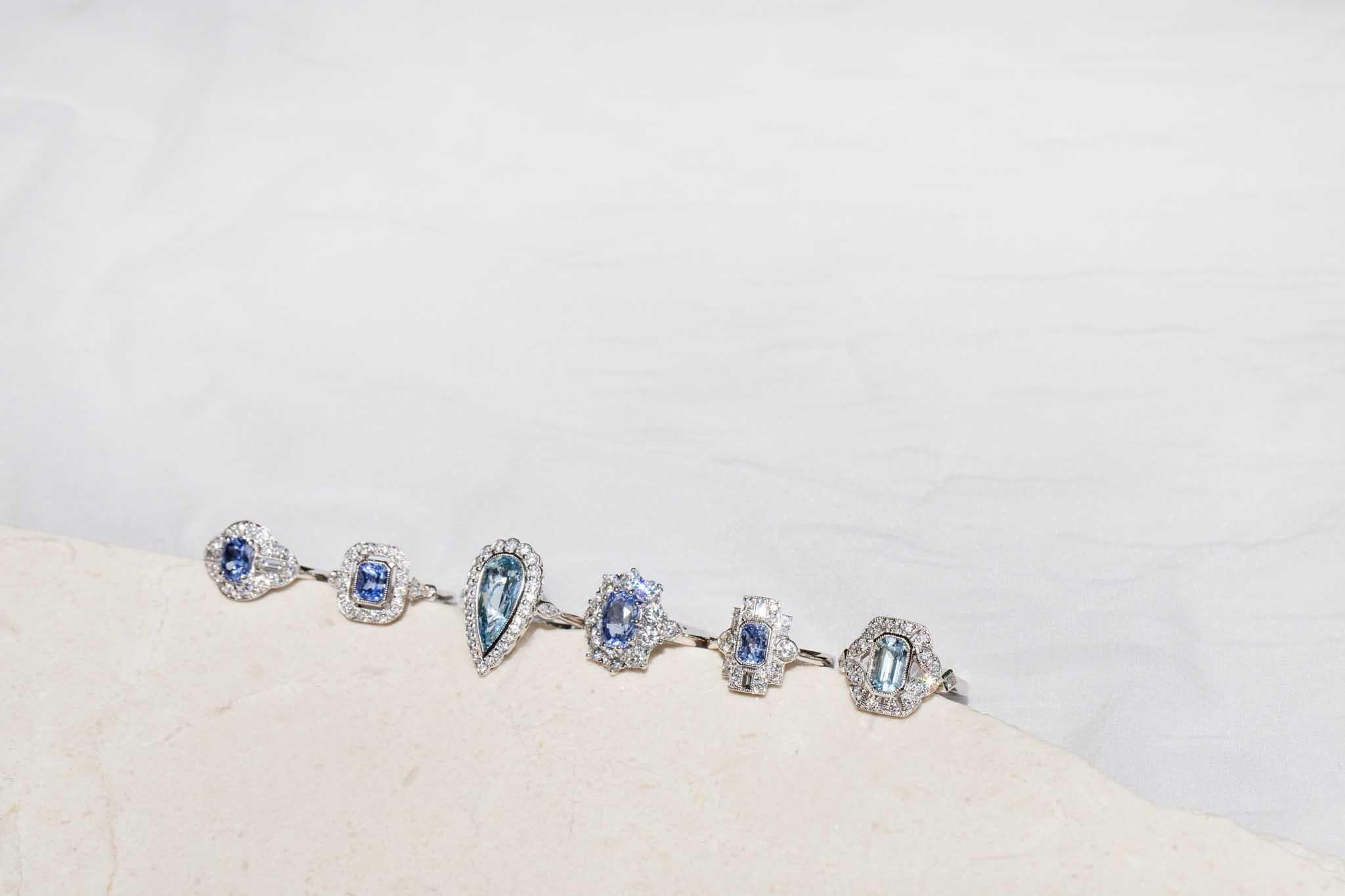 Peregian Sapphire & 1.14ct Diamond Art Deco Inspired Ring 18ct White Gold