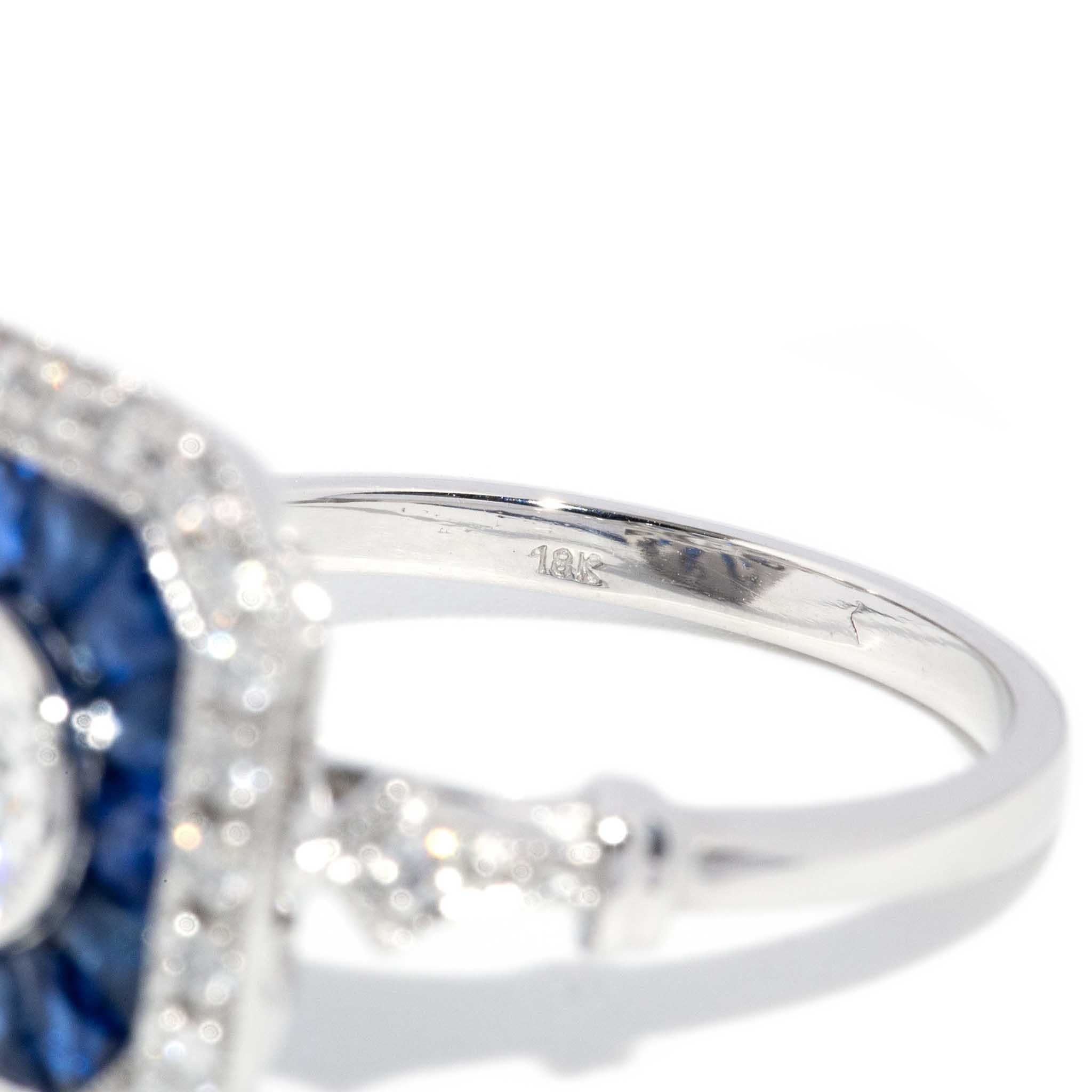 Peregian Sapphire & 1.14ct Diamond Art Deco Inspired Ring 18ct White Gold