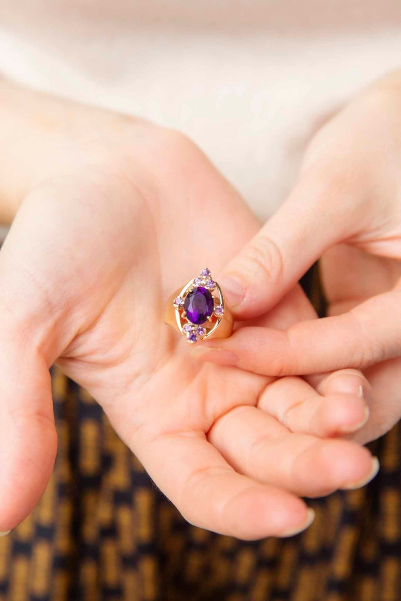 Cordelia 1970s Amethyst Cluster Cocktail Ring 9ct Gold Rings Imperial Jewellery 