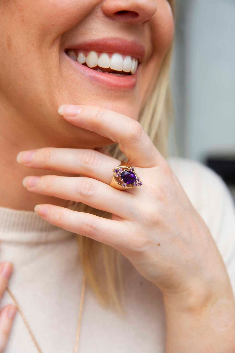 Cordelia 1970s Amethyst Cluster Cocktail Ring 9ct Gold Rings Imperial Jewellery 