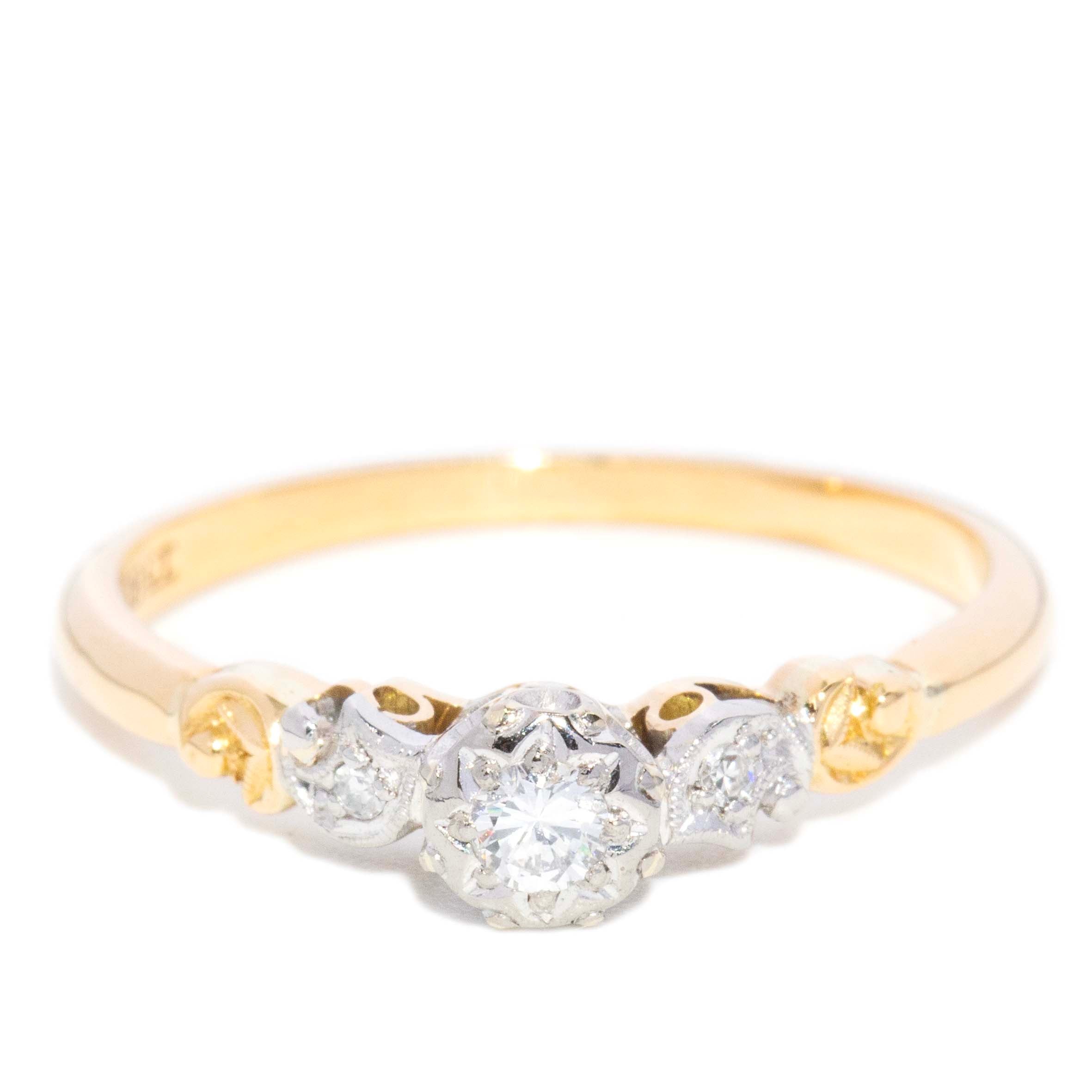Cyprus Vintage 1940s Three Stone Diamond Ring 18ct Yellow Gold & Platinum Rings Imperial Jewellery 