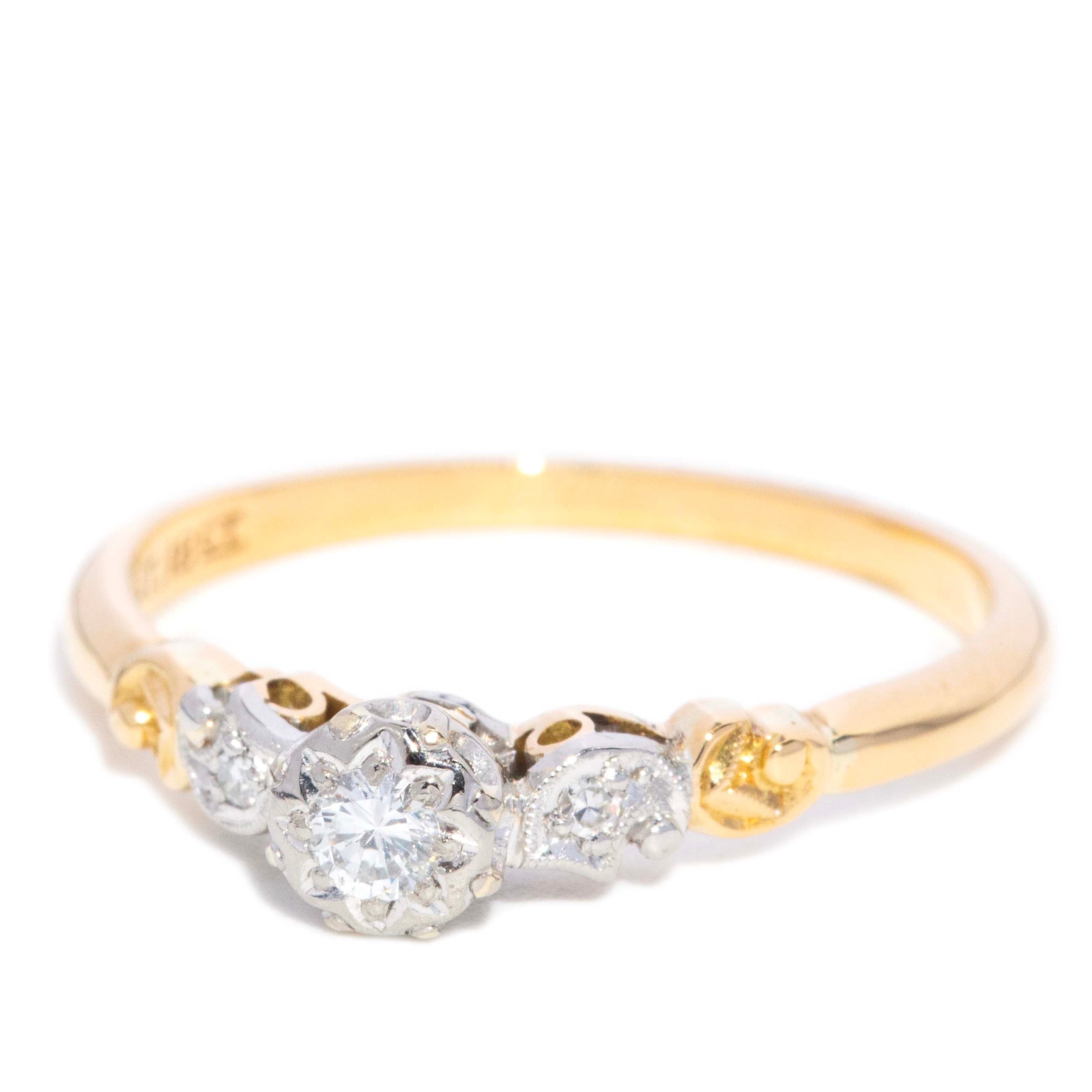 Cyprus Vintage 1940s Three Stone Diamond Ring 18ct Yellow Gold & Platinum Rings Imperial Jewellery 