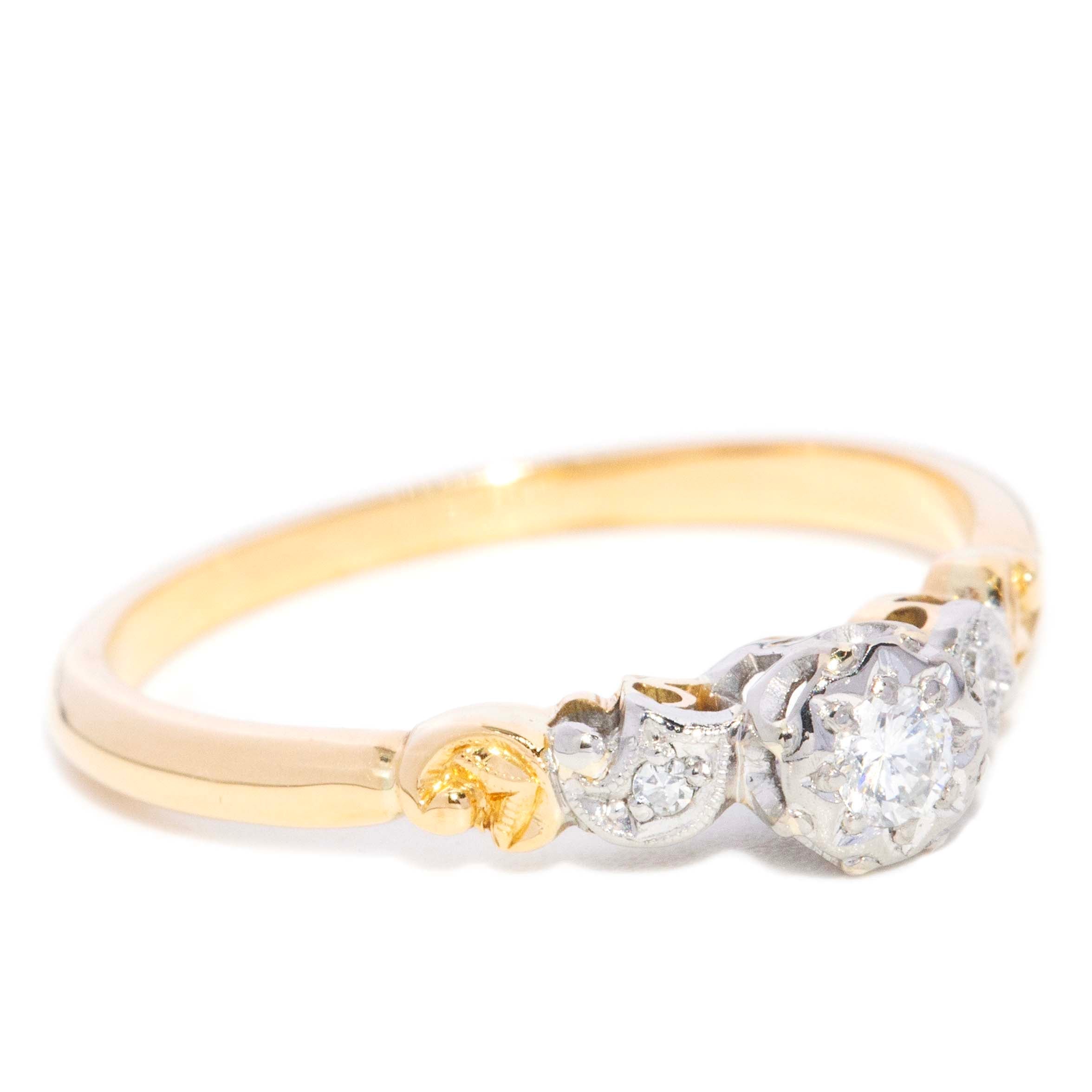 Cyprus Vintage 1940s Three Stone Diamond Ring 18ct Yellow Gold & Platinum Rings Imperial Jewellery 