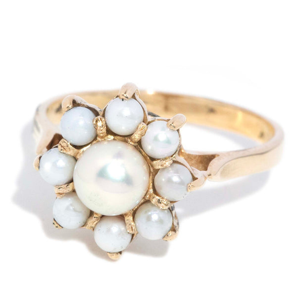 Dahlia 1970s Cultured Pearl Ring 9ct Yellow Gold Rings Imperial Jewellery 