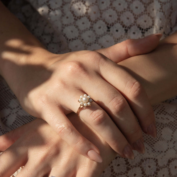 Dahlia 1970s Cultured Pearl Ring 9ct Yellow Gold Rings Imperial Jewellery 