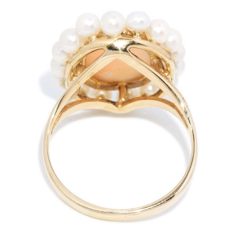 Vintage Circa 1960s Pale Shell & Seed Pearl Halo Ring 9 Carat Gold