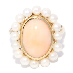 Vintage Circa 1960s Pale Shell & Seed Pearl Halo Ring 9 Carat Gold