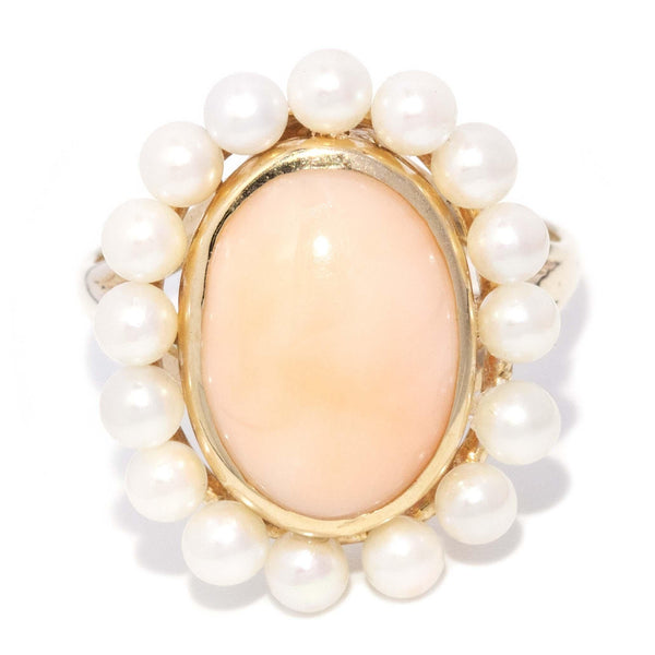 Vintage Circa 1960s Pale Shell & Seed Pearl Halo Ring 9 Carat Gold