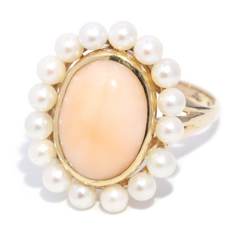 Vintage Circa 1960s Pale Shell & Seed Pearl Halo Ring 9 Carat Gold
