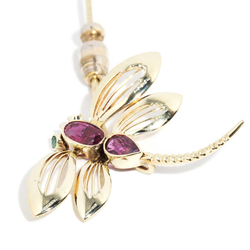 Danica 1960s Ruby & Emerald Dragonfly Coat Pin 14ct Gold