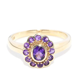 Vintage Circa 1990s Amethyst Cluster Ring 9 Carat Yellow Gold