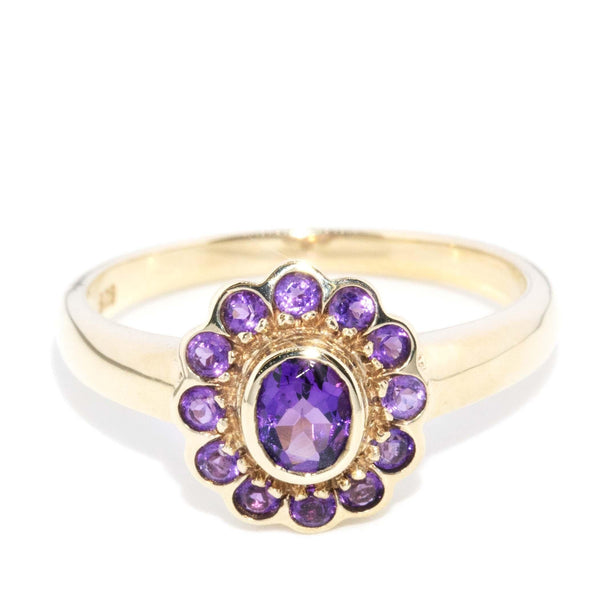 Vintage Circa 1990s Amethyst Cluster Ring 9 Carat Yellow Gold