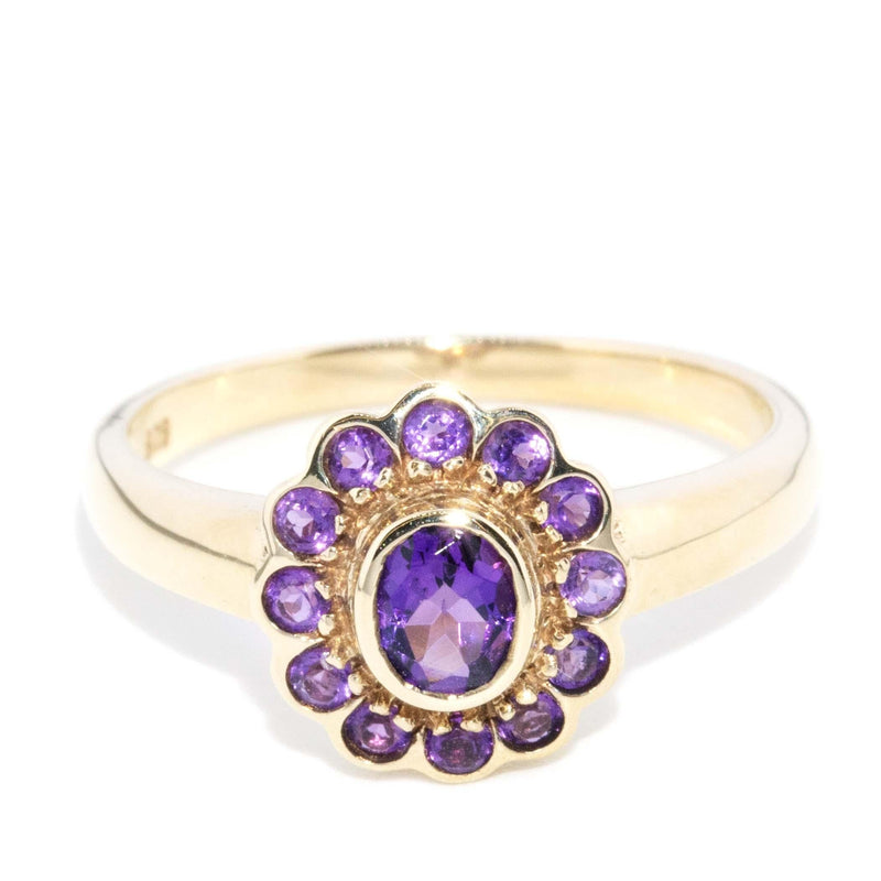 Vintage Circa 1990s Amethyst Cluster Ring 9 Carat Yellow Gold