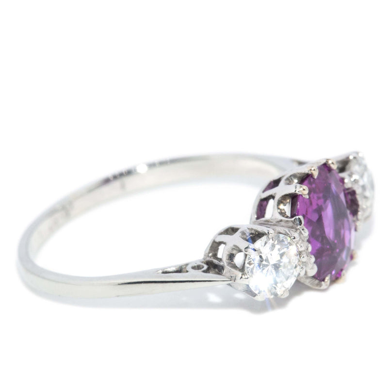 Vintage Circa 1950s Purple Sapphire & Diamond Ring 18 Carat White Gold