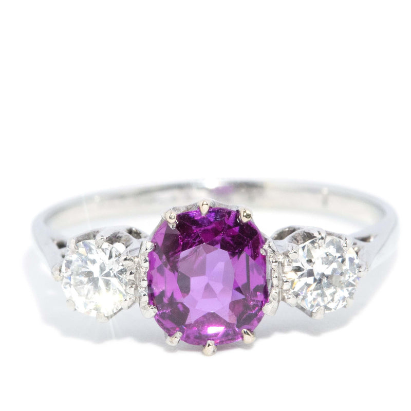Vintage Circa 1950s Purple Sapphire & Diamond Ring 18 Carat White Gold