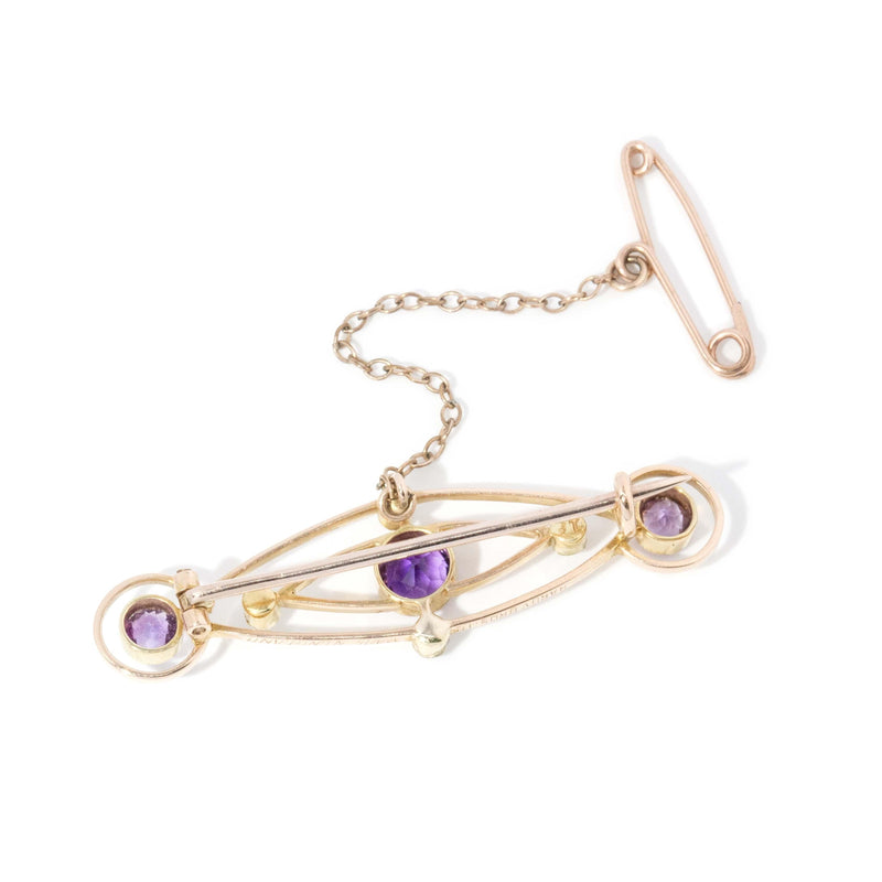 Vintage Circa 1930s Amethyst & Seed Pearl Brooch 15 Carat Gold
