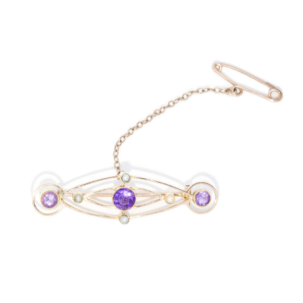 Vintage Circa 1930s Amethyst & Seed Pearl Brooch 15 Carat Gold